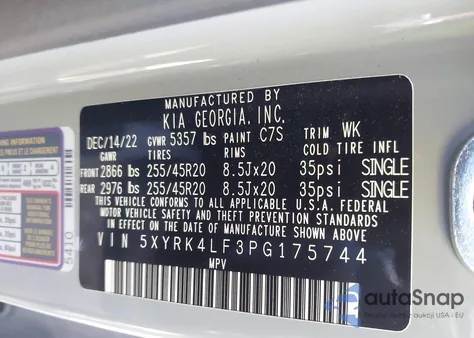 2023 Kia Sorento Sx z USA, uszkodzony, nr VIN 5XYRK4LF3PG175744